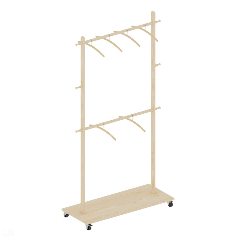 Séchoir à vêtements en bois massif avec 6 cintres en bois, conception compacte, tablette réglable et roulettes pour faciliter le déplacement - parfait pour la chambre à coucher, le salon ou le vestibule