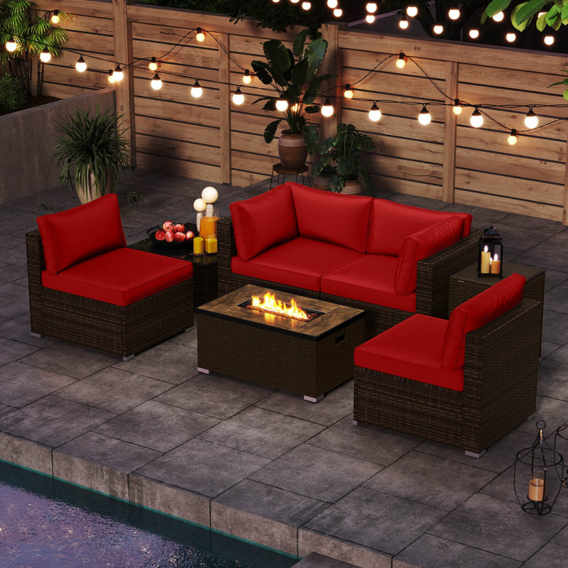 7 Pieces Outdoor Furniture Set with Fire Pit Table and Propane Tank Cover Black, Red