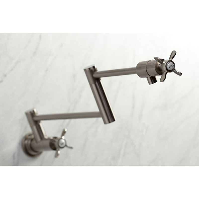Kingston Brass Manhattan Two-Handle 1-Hole Wall Mount Pot Filler Faucet, Brushed Nickel, Knob/Flat Cross Handle