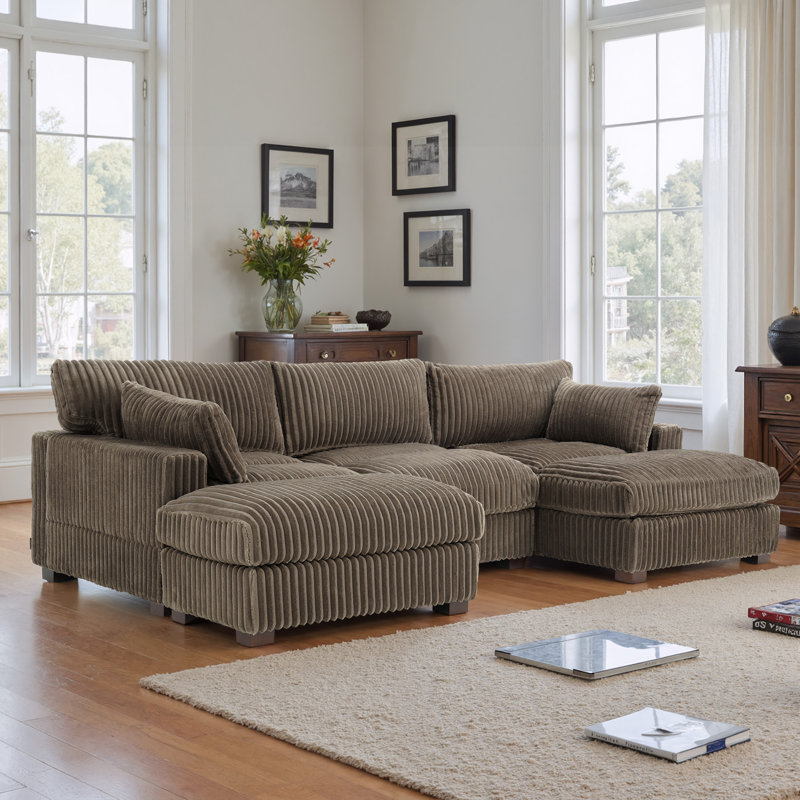 3 - Piece Upholstered Light Brown Faux Rabbit Fur Flannel Reversible Modular Sofa Living Room Sectional Couch with Pillows