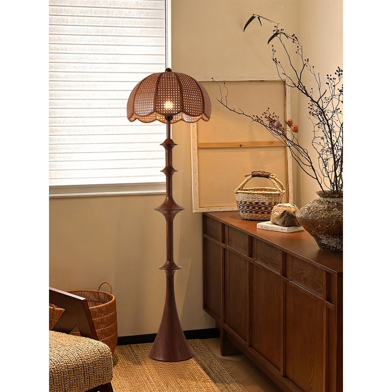 French Mid-Century Wrought Iron & Rattan Floor Lamp