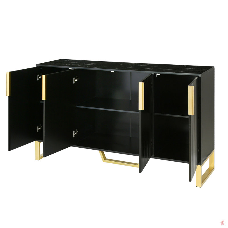 Modern Sideboard With Four Doors, Metal Handles & Legs And Adjustable Shelves Kitchen Cabinet, Black