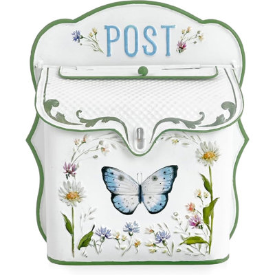 Mailbox Wall Mount Mailboxes For Outside Vintage Mail Boxes For House Outside Metal Drop Box Antique Style Nostalgic Charm Home Decorative, Butterfly Pattern, White