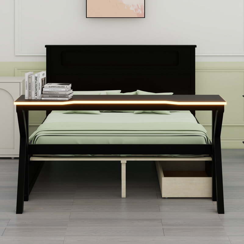 Lit de jeu moderne en bois avec tête de lit à DEL, bureau éclairé, connectivité USB et 2 tiroirs de rangement sous le lit