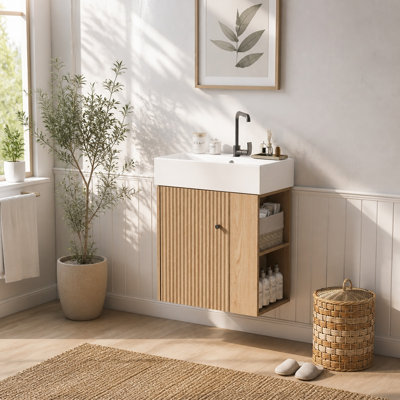 Meuble-lavabo suspendu moderne de 55 cm (21,6 po) avec lavabo en céramique et rangement latéral droit