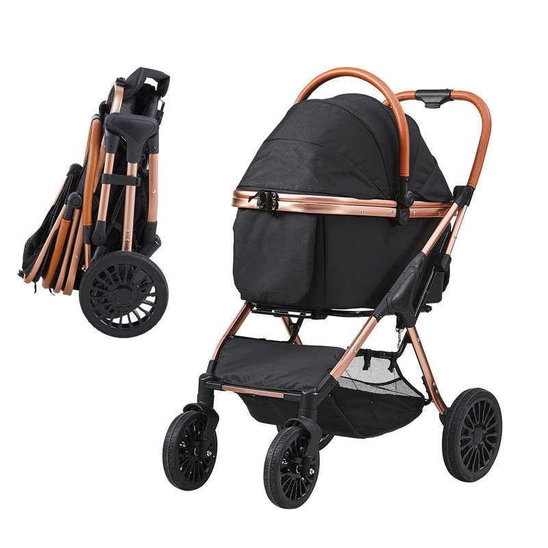 Poussette rotative pour animaux de compagnie à 4 roues avec freins, poussette pour chien de 66 lb avec support amovible, panier de rangement et coussin pour animaux de compagnie pour petits et moyens chiens