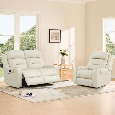 Olathe Genuine Leather Dual Motor Power Reclining Lay Flat Living Room Set With Power Headrest