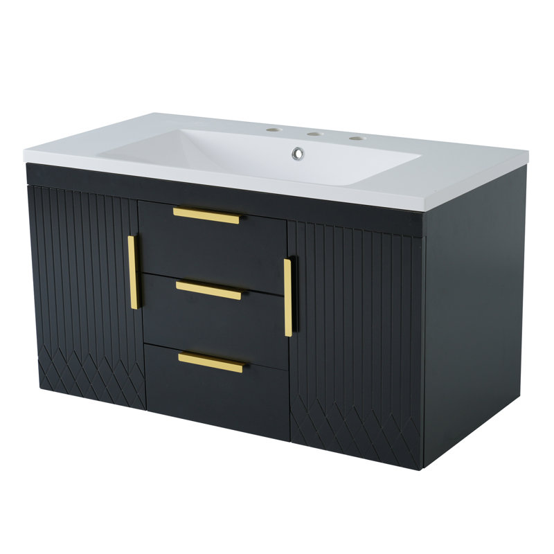 Meuble-lavabo mural de 36 pouces avec armoire de rangement suspendue et 2 tiroirs, Black