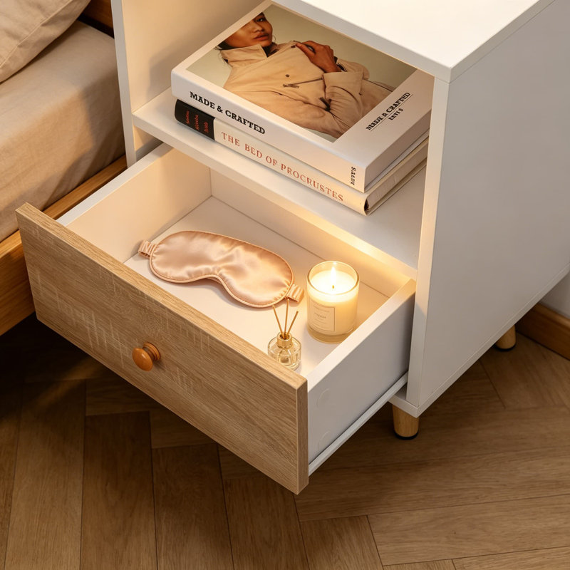Ensemble de 2 tables de chevet, table de chevet avec tiroir et tablette de rangement ouverte, tables de chevet avec pieds en bois massif, table de bout pour la chambre à coucher, blanc