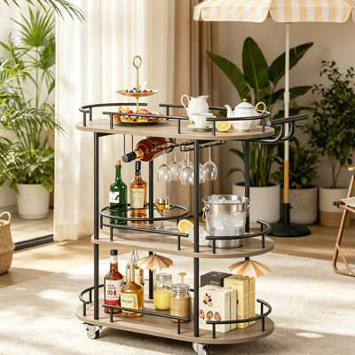 3-Tier Utility Rolling Cart with Wheels and Handle, Metal Storage Cart Trolley Kitchen Organizer Rolling Desk with Wine Rack and Glass Holders Locking Wheels for Coffee Station Dining Living Room.