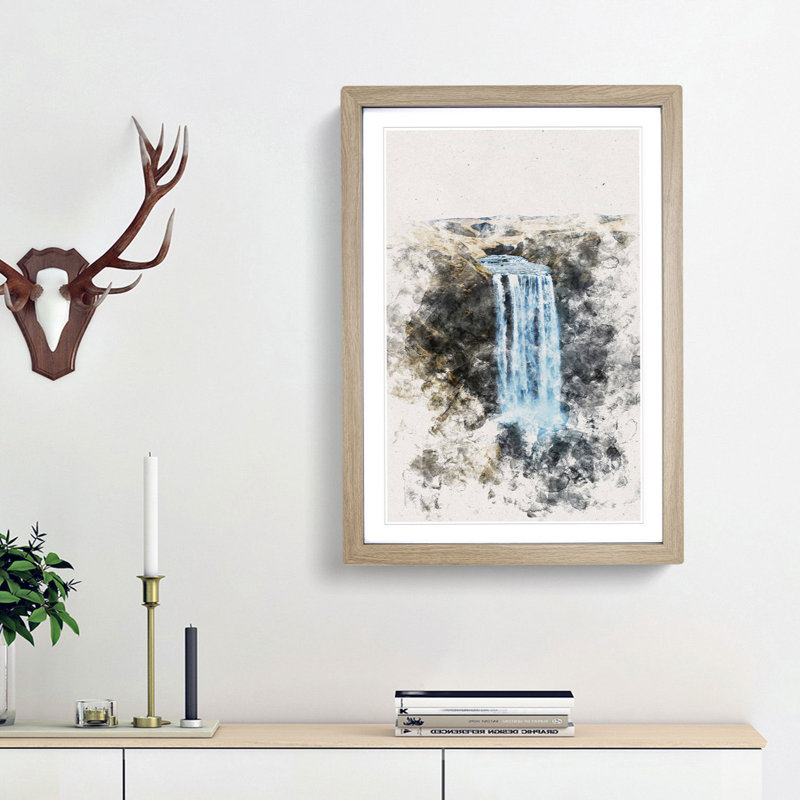 Skogafoss Waterfall Iceland - Picture Frame Painting Print, 87cm H x 62cm W x 2cm D, Oak Framed