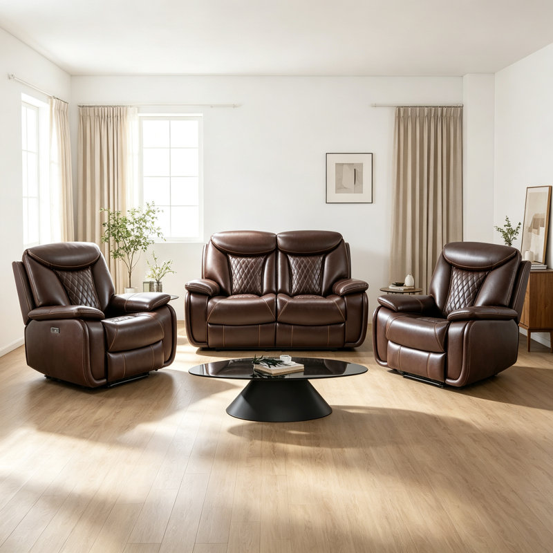 Ensemble de salon inclinable électrique en cuir synthétique 3 pièces avec causeuse et fauteuil inclinable, Brun
