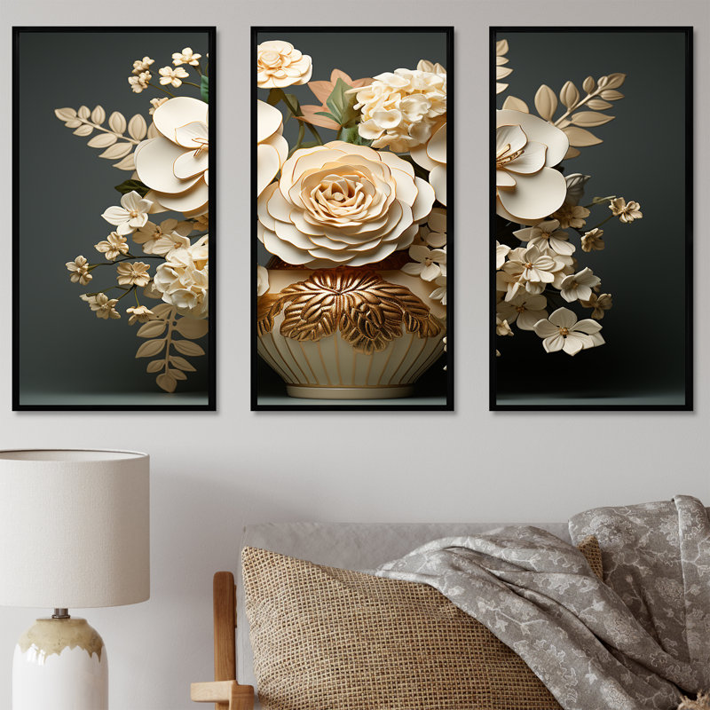 Ensemble d'hortensias baroque blanc et doré VI - Hydrangea, H 28 po x l 36 po x P 1 po, Cadre flottant noir