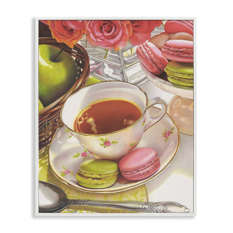 Thé avec art macarons par Mardell Schuster, Estampe numérique encadrée blanc bord de mer, H 30 po x l 24 po