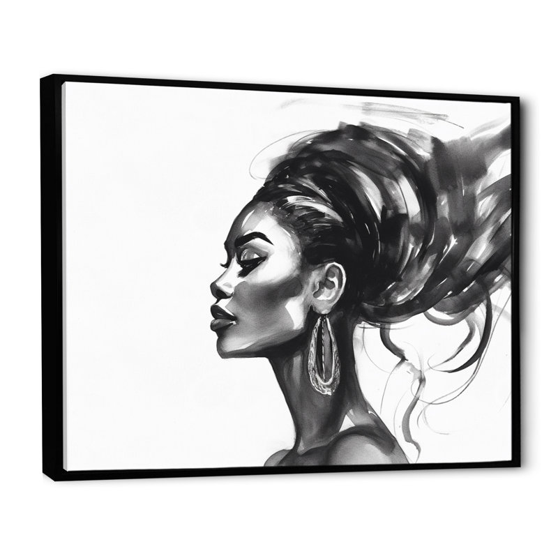 Femme afro-américaine Pierce V sur toile, H 34 po x l 44 po x P 1,5 po, Cadre flottant noir