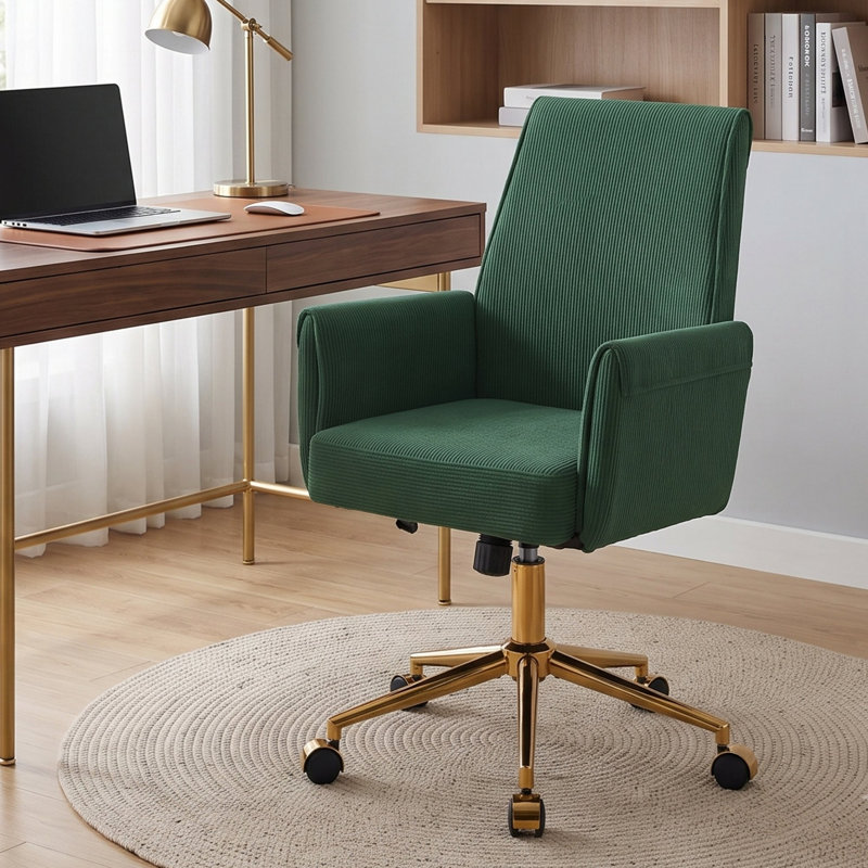 Chaise de bureau ergonomique à dossier moyen en velours côtelé avec base dorée et coussin en mousse viscoélastique, Green