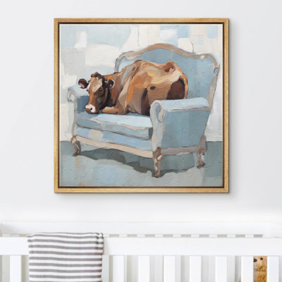 "Calm Yourself - vache couchée dans un fauteuil bleu rustique décor de ferme, art animalier moderne pastel" sur