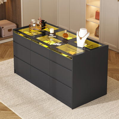 Closet Island With 18 Drawers, Jewelry Display Cabinet Island With Glass Top For Cloakroom