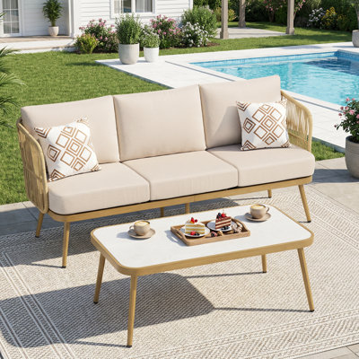 2-Piece Outdoor Wicker Rope French Garden Style Sofa Set with Coffee Table