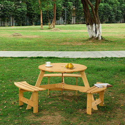 Table de pique-nique 6 personnes avec 3 bancs - naturel, convient au patio et à la cour extérieure pour les personnes, trou de parasol intégré. Bois naturel, imperméable, jardin, cour arrière, porche