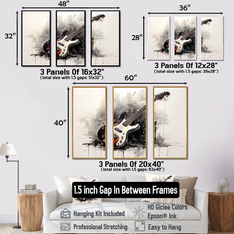 «Brown Charcoal Guitare Vibations III», art mural musique, H 28 po x l 36 po, Cadre flottant doré