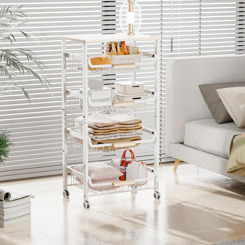 5-Tier Pull-Out Metal Storage Cart with Wooden Top, Sliding Baskets, Handle, and Rolling Wheels