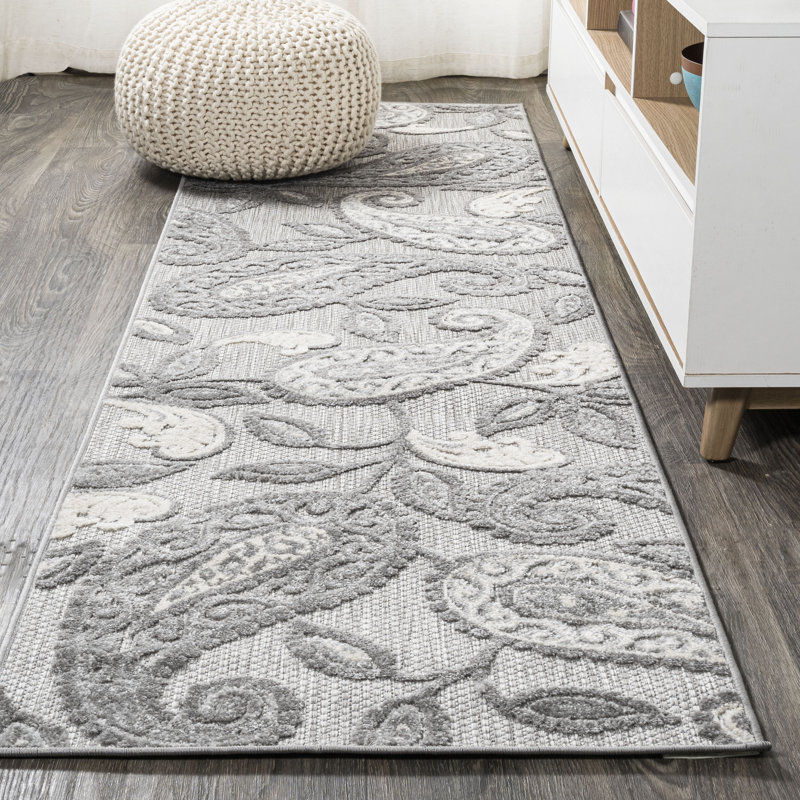 Julien Paisley High-Low Light Gray/Ivory Indoor/Outdoor Rug, Runner 2'3" x 8'