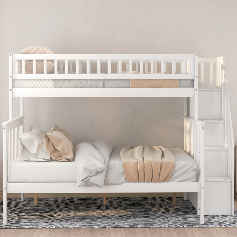 Lit simple superposé au dessus d'un lit double en pin massif avec tablette, blanc - pour un rangement efficace
