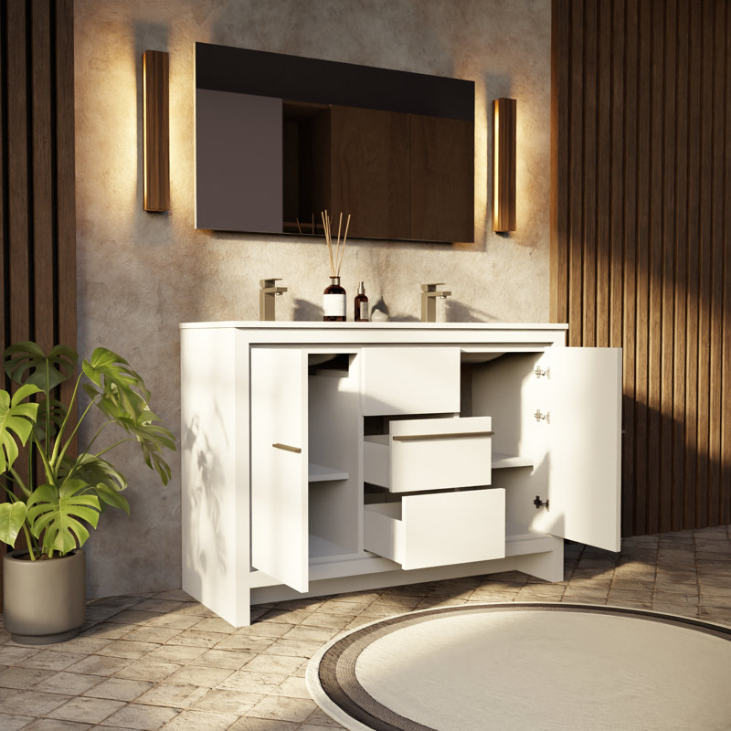 Meuble-lavabo double bleu marine 48 po X P 20 po D, ensemble en marbre de culture et robinet chromé, Marine, Chrome chrome