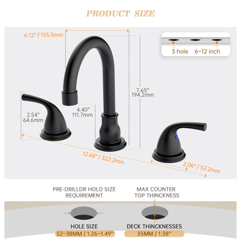 8 Inch 3 Hole Matte Black Bathroom Faucet, 2 Handle Widespread Faucet With Metal Pop Up Drain And Water Supply Lines