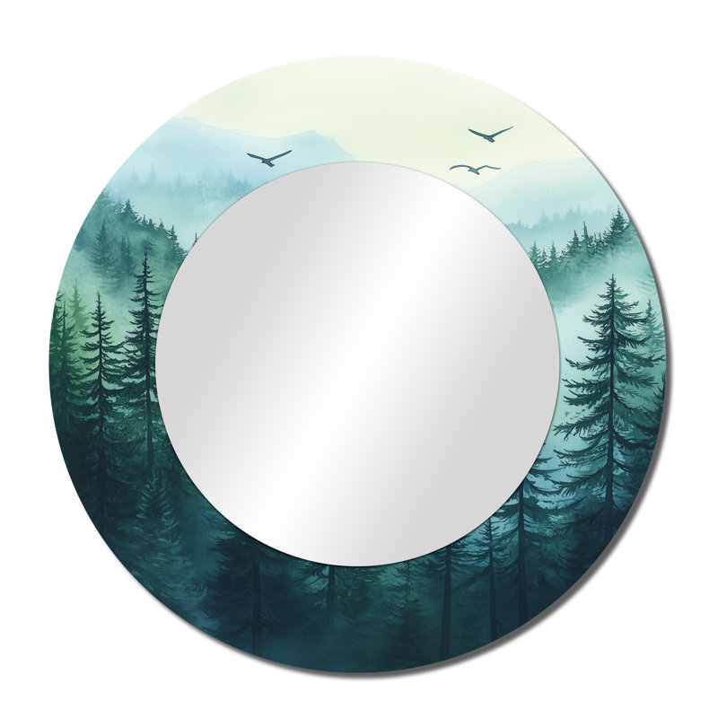 «Morning Mist», forêt nationale de Banff au Canada - Grand miroir décoratif rond et imprimé métallique, 36" x 36"