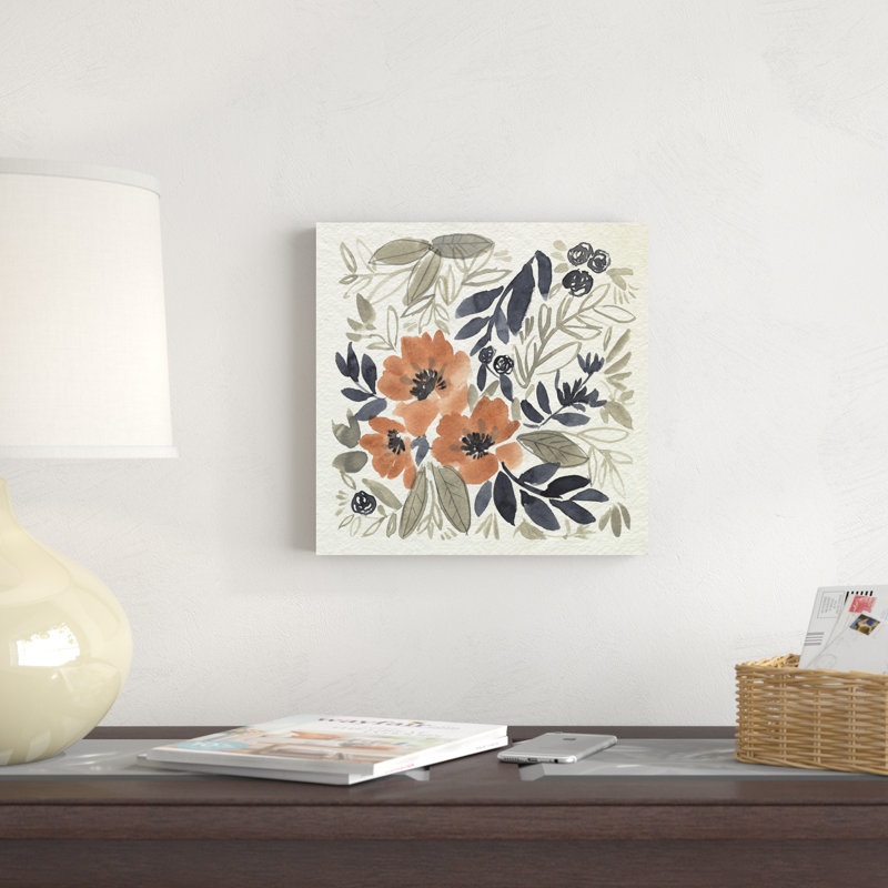 «Sienna and Paynes Flowers II» par Jennifer Goldberger - peinture sur toile tendue, H 12 po x l 12 po