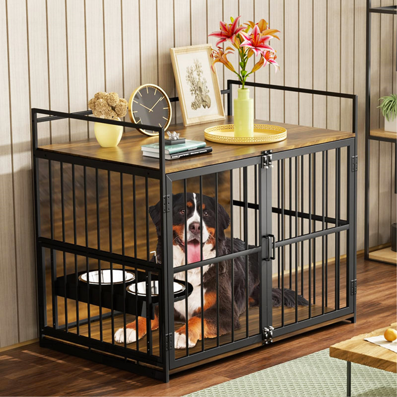 Grande cage pour chien de style meuble avec mangeoire surélevée pour chiens à 360 ° et réglable de 48 po