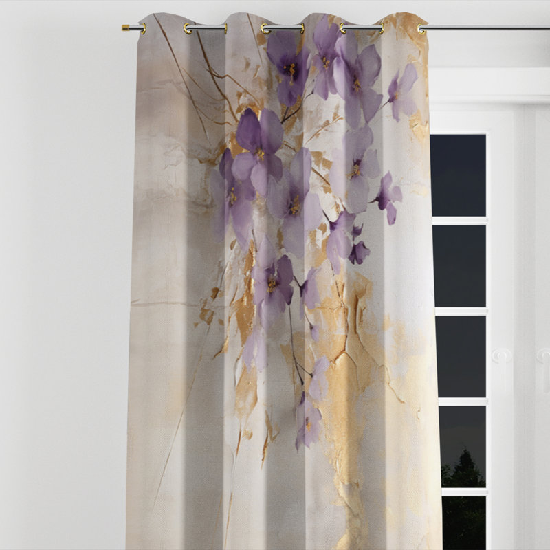Ayeesha - Violets Grommet Curtain - Velvet Room Darkening - 1 Panel, 52" W x 95" L, Golden Grommets
