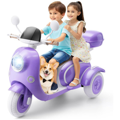 Alex 12V 2 Seater Kids Electric Motorcycle, 3 Wheels Moped, USB, Music, Horn, Light, Big Storage Box, Dual Motor Electric Ideal Motorcycle
