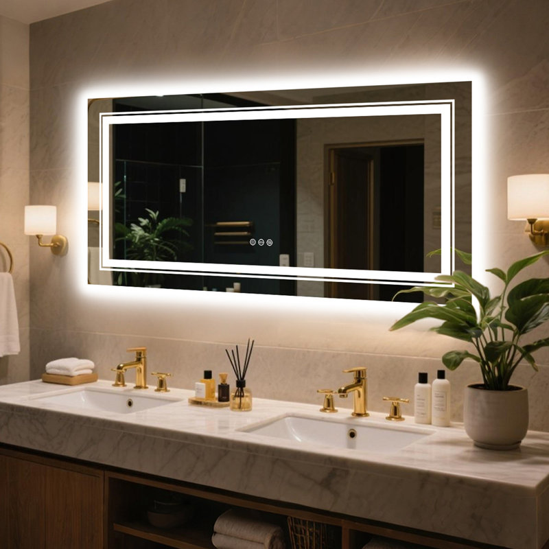 Ashawnti LED Illuminated Bathroom Mirror with Fog-Free Touch Sensor, 70cm H x 140cm W
