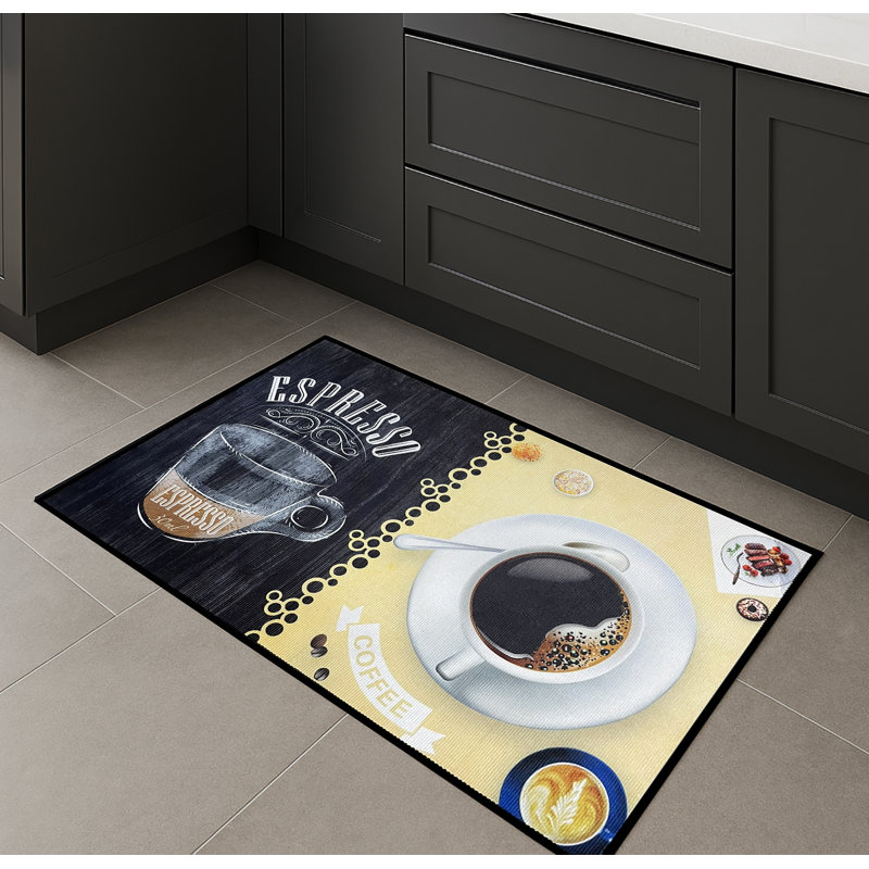 Tapis de cuisine 28 po x 17 po noir et jaune café moderne antidérapant et lavable, Rectangle 1 pi 5 po x 2 pi 4 po
