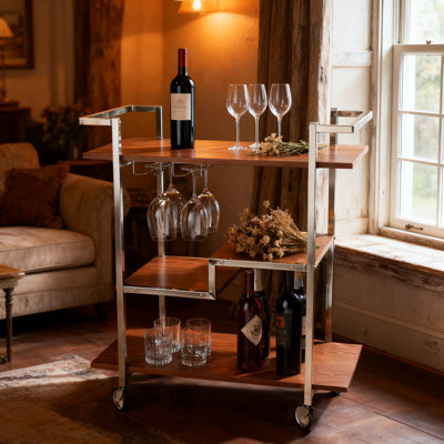 Mobile Bar Cart With 3-Tier Wood Shelves And Wine Glass Rack - Chrome Rolling Beverage Server For Home Kitchen Or Living Room