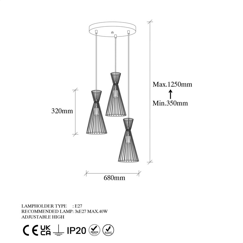 Luminaire suspendu conique à 3 lumières, Noir