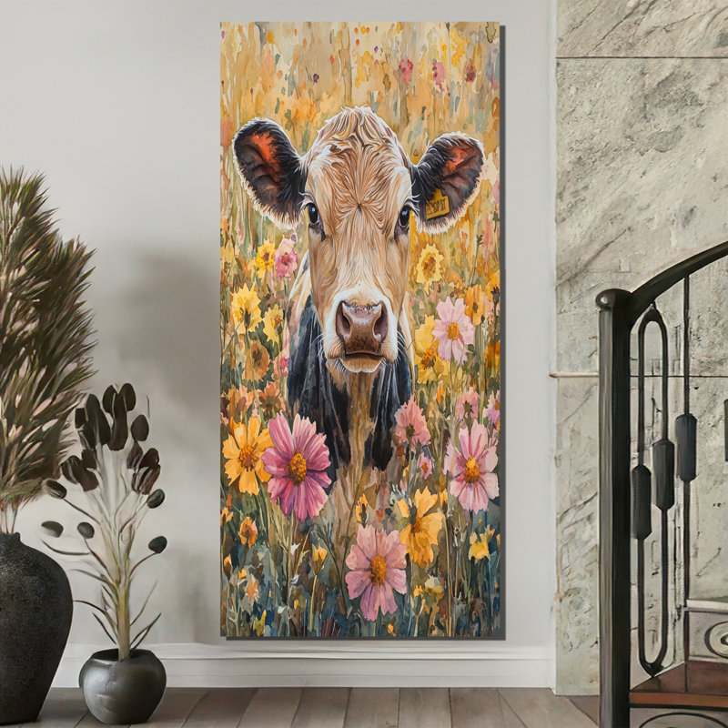 Dovud vache marguerites avec hibiscus III - vache, art mural, H 60 po x l 28 po, Toile tendue, Ne s’applique pas