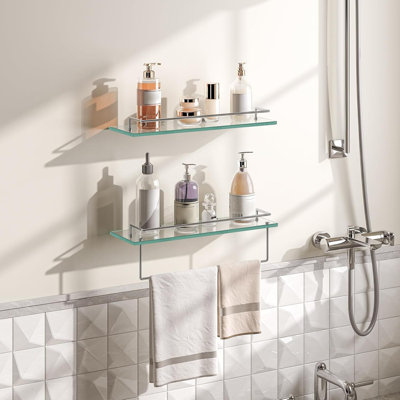 2-Pack 15.7 Inch Bathroom Floating Glass Shelves, Wall Mounted Tempered Glass Shelf With Stainless Steel Bracket, Silver