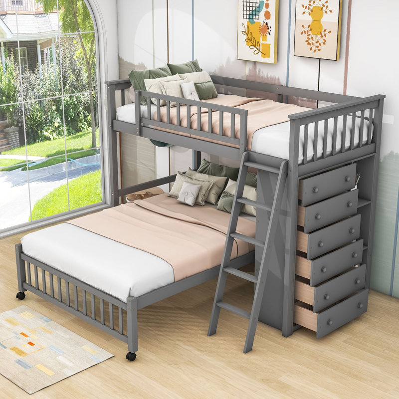 Twin Over Full Bunk Bed with Built-In Ladder, Gray