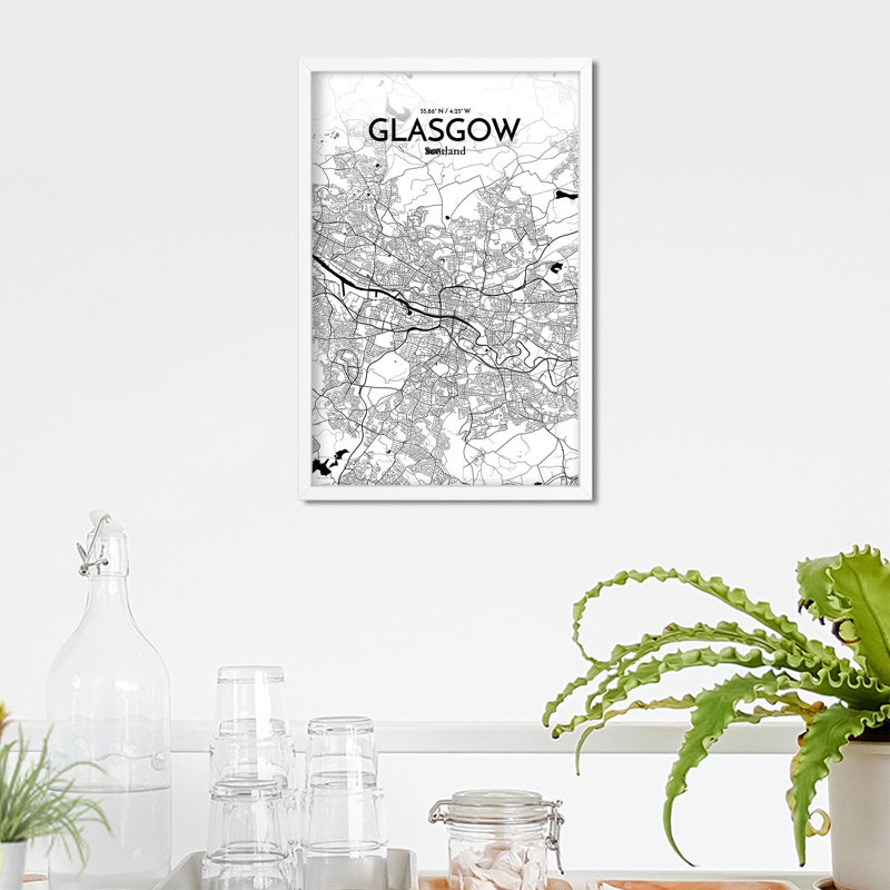 Carte de la ville de Glasgow, impression à l'encre, H 17 po x l 11 po, Noir / blanc