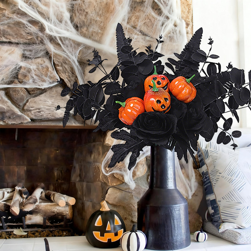 Halloween Pumpkin Twig Black Bouquet Decoration, Ghost Face Pumpkin Simulation Flowers (33 Per Bouquet)