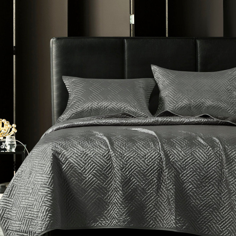 Ensemble de courtepointe en satin de soie, couvre-lit géométrique toutes saisons avec taie décorative, Gris foncé