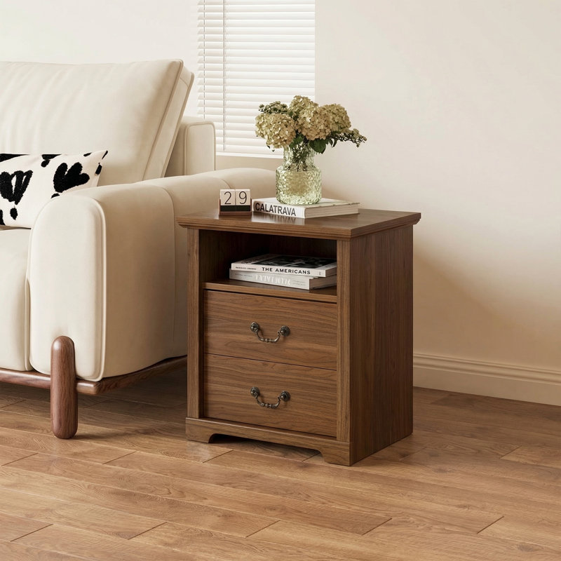 Rustic 22" W Bedside Table Nightstand With 2 Drawers, Open Shelf, Metal Handle Accent, Multi-Color Options, Brown