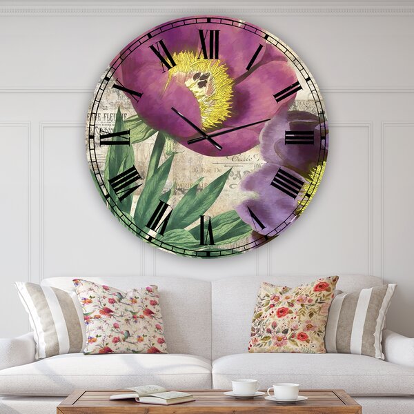 East Urban Home Purple Peonies - Oversized Cottage Wall Clock | Wayfair