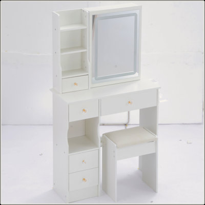 Small Size Left Drawer Desktop Vanity Table + Cushioned Stool, 2 AC+2 USB Power Station, Hair Dryer Bracket, Extra Large Touch Control Sliding LED Mirror, Tri-Color Switching, EPA,GCC,UL Certificate
