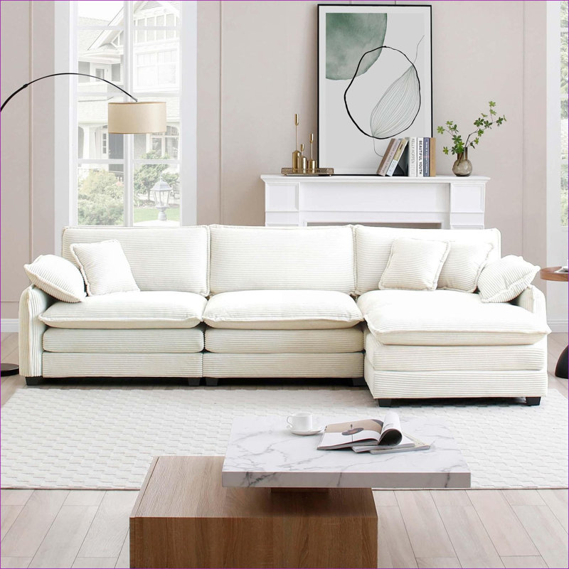 Canapés modulaires | Fauteuil surdimensionné en L à 3 places avec repose-pieds | Moderne rétro pour le salon | blanc cassé | Velours côtelé