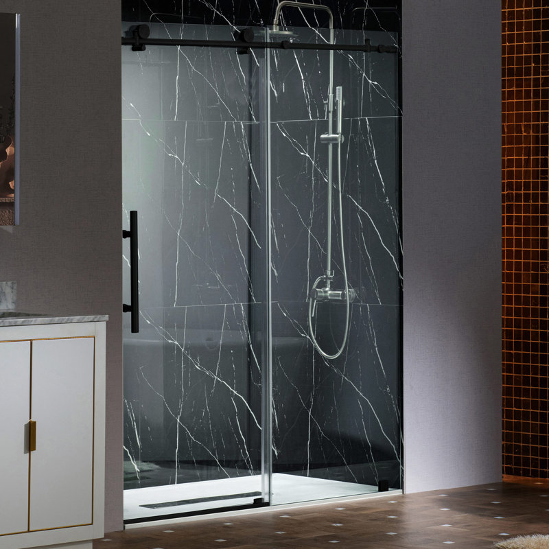 45.5-48" W X 76"H Frameless Single Sliding Shower Doors With 3/8"(10mm) Clear Tempered Glass, Soft Close System And Explosion-Proof Film